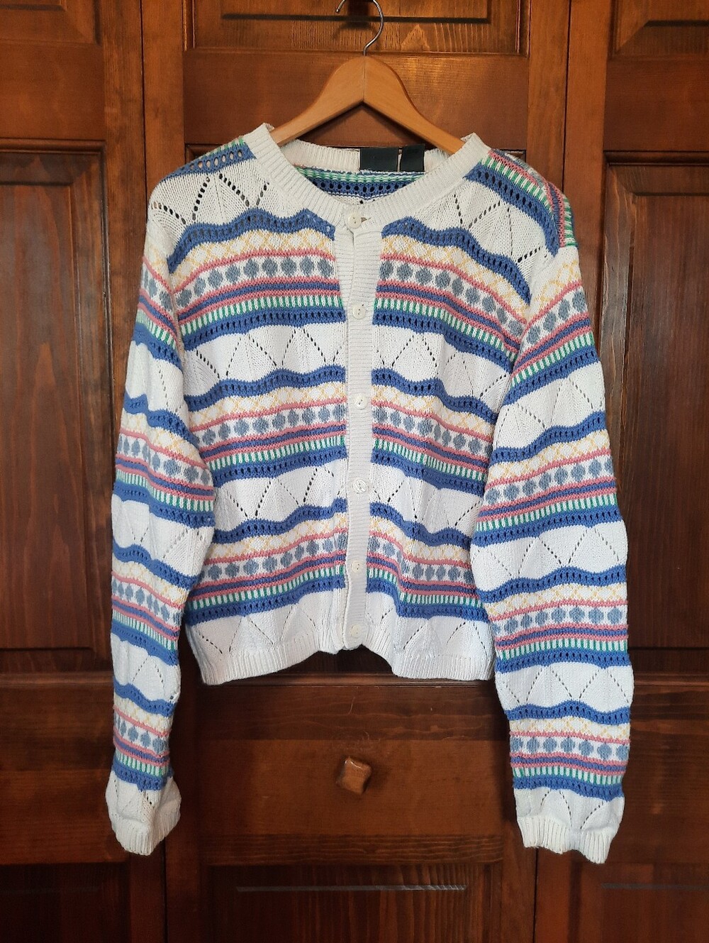 Vintage 90s Liz Wear 100% Cotton Multi-color Striped Cardigan Sweater Size M